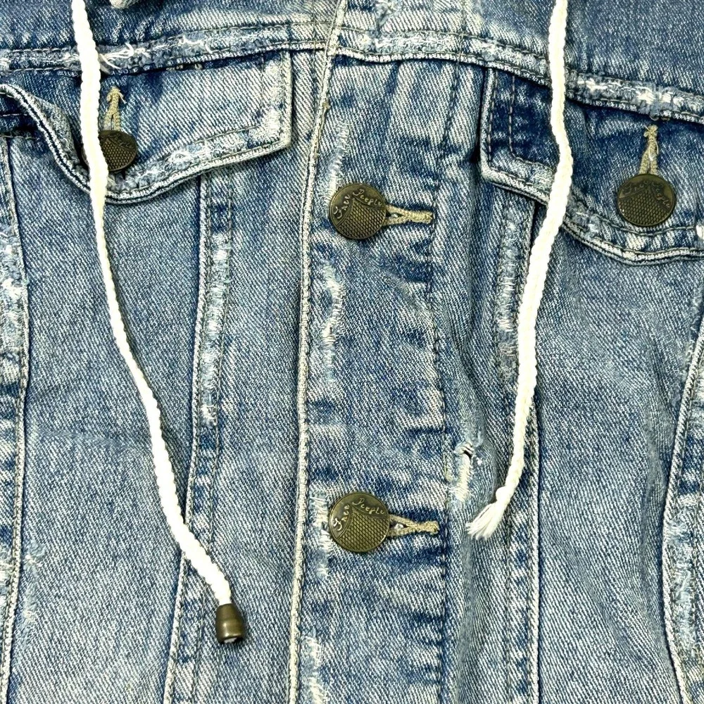 Free People Cotton Denim Jean Knit Hoodie Collared Layered Jacket Blue Gray S - Picture 4 of 12